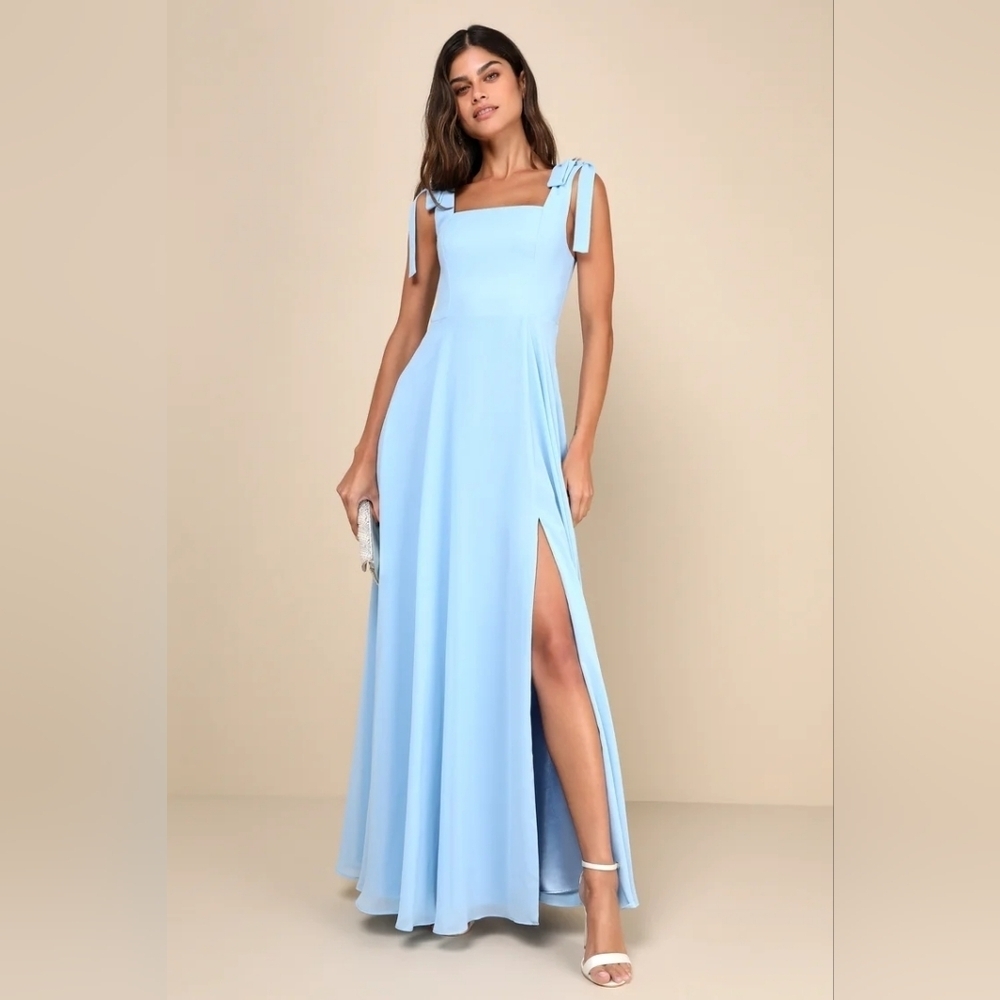Lulus Love Me Forever Light Blue Tie-Strap Square Neck Maxi Dress S Wedding NWT - Picture 2 of 9